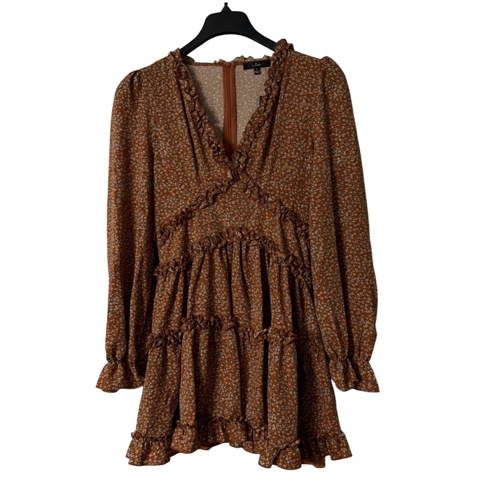 NWT Lulus Womens Brown Long Sleeve Lined Floral Casual Dress Size Large